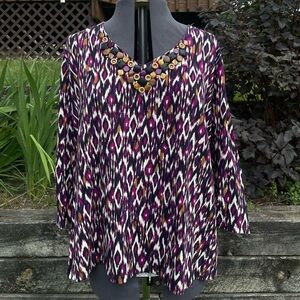 Ruby Rd Size 3X Purple Patterned Blouse w/ Detailed Neckline